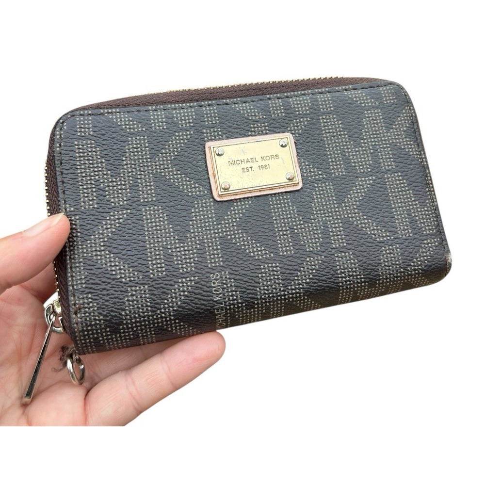 Michael Kors MK‎ Signature Wallet Black Brown MK All Over Print Zip Around *Read
